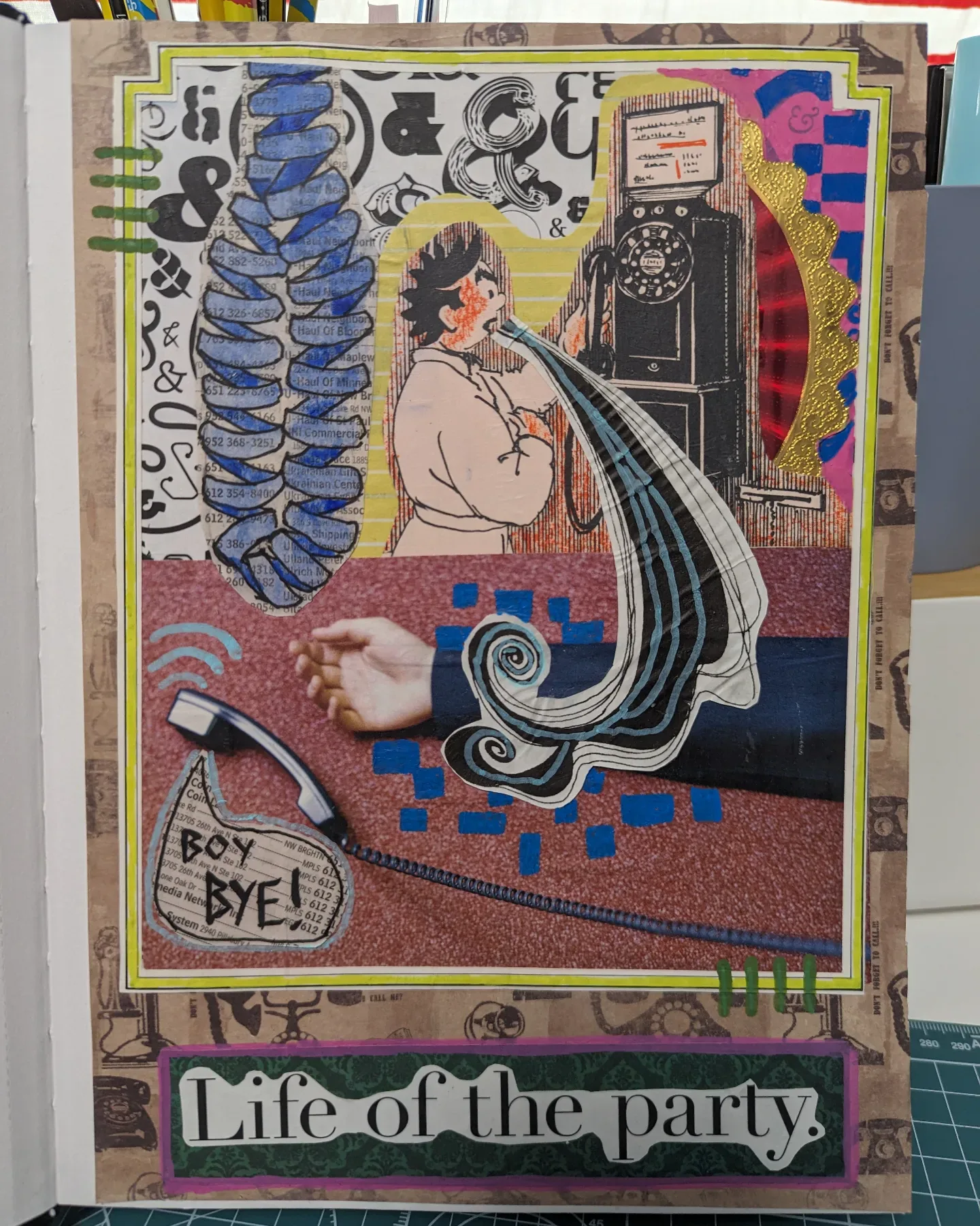 Mixed-media collage of a woman using a vintage telephone with the words "Life of the party."