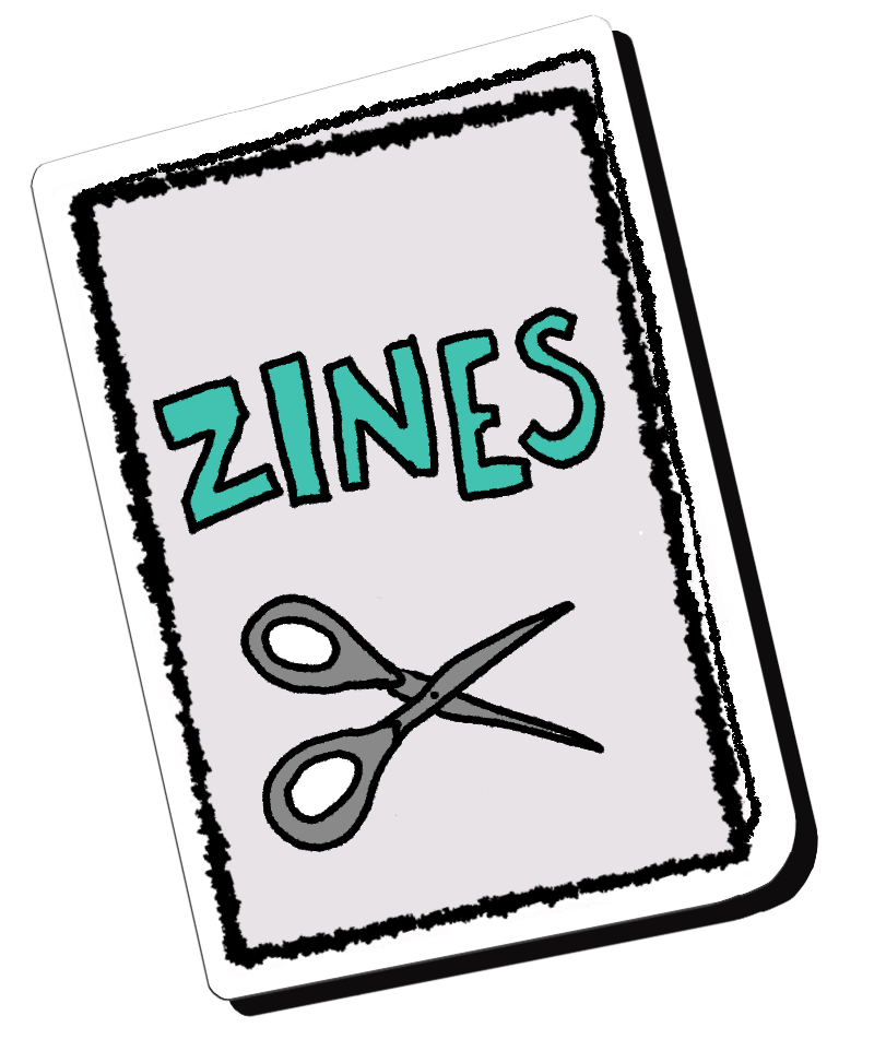 A hand-drawn folded zine and scissors